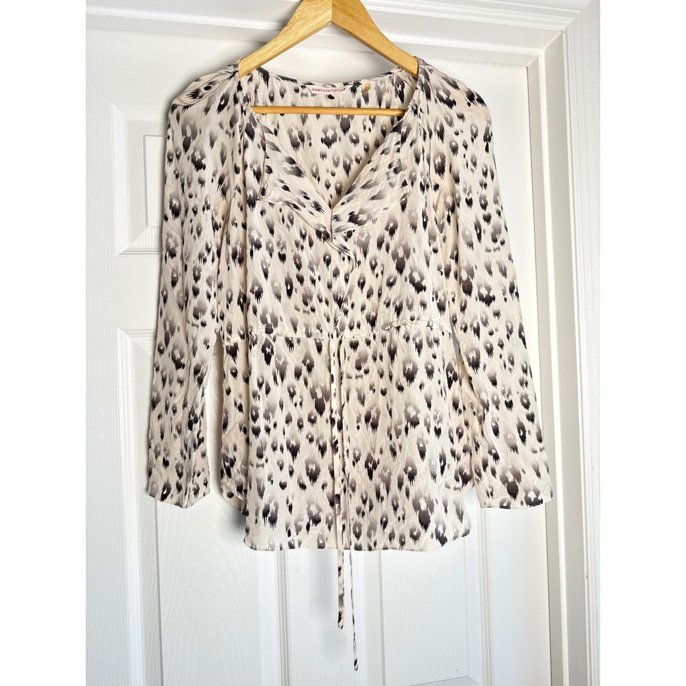 Rebecca Taylor Blouse Women 2 Cream Silk Ikat Animal Print Drawstring Waist Top